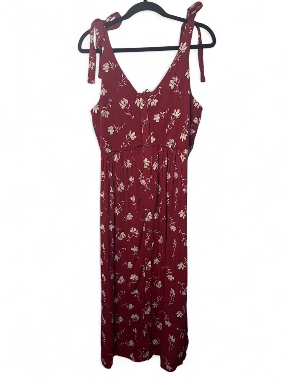 Boho Summer Tie-Shoulder Midi Dress in Dark Red With Cream Floral Details size M